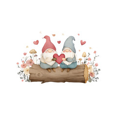 Adorable Gnomes Sitting on Log, Each Holding a Heart Surrounded by Flowers and Mushrooms in a Whimsical Design