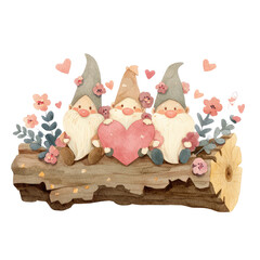 Three Charming Gnomes Sitting on a Log Holding a Heart Surrounded by Flowers and Hearts