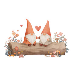 Two Adorable Gnomes Sitting on a Log, Each Holding a Heart in a Charming Woodland Setting