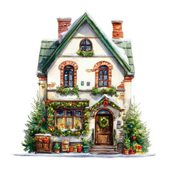 Charming Christmas House Decorated with Festive Ornaments and Greenery, Perfect for the Holiday Season