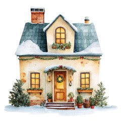 Cute Christmas Decorated House with Snow, Wreath, and Festive Touches for Holiday Cheer