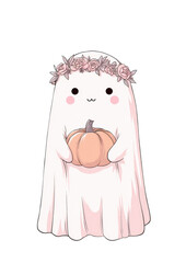 Adorable Cartoon Ghost with Pumpkin and Floral Crown in Soft Pastel Pink Colors Perfect for Halloween Themes