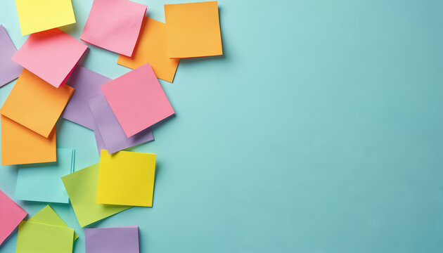 Flat lay of scattered colorful notes on blue background. Workspace with empty notes for mockup message. Colorful papers for creative reminders and planning, copy space for text messages.