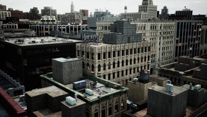 Buildings of various heights and styles rise above the city streets, capturing the vibrancy of urban life.