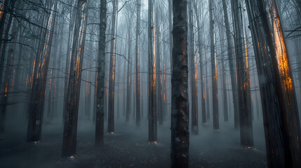 Fototapeta premium Mysterious Forest At Dusk With Orange Glows On Tree Trunks And Misty Atmosphere