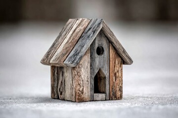 Small wooden house model displays intricate details and textures, highlighting craftsmanship and design quality