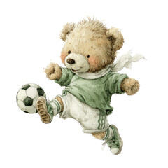 Cute Teddy Bear Soccer Player Kicking Ball in Green Jersey with Cheerful Expression on Standard Scale Illustration