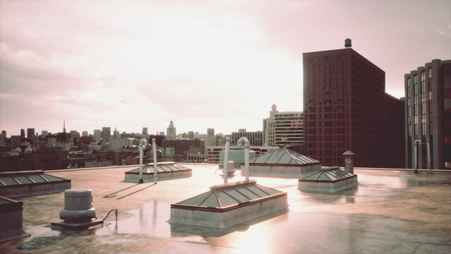 A stunning rooftop scene showcases a city skyline at sunset. Buildings rise above, while the glowing reflections of the sky dance on the surface. A serene moment captures urban beauty.