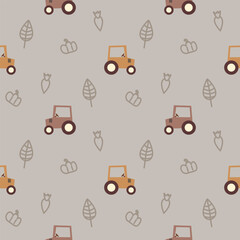 Tractor cartoon so cute. On tree pumpkin carrot gray background. Pattern seamless vector illustration. 