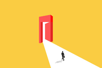 Business opportunity or career success vector concept with man walking enter door. Symbol of courage, ambition, having a goal, inspiration