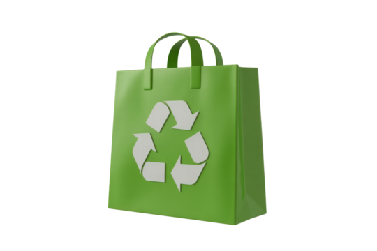 A vibrant green shopping bag with a prominent white recycling symbol, symbolizing sustainability, eco-friendly choices, and environmental consciousness. Ideal for green initiatives. background removed