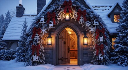 Snowcovered house entrance adorned with Christmas decorations lanterns and open wooden door