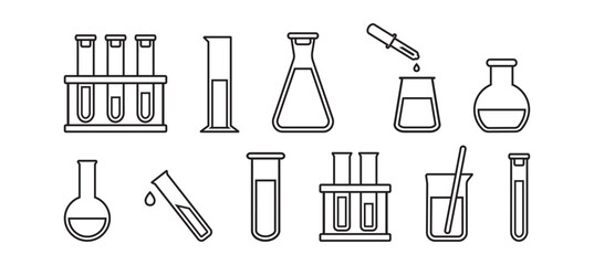 Chemistry lab line icon, lab test tube and beaker. Science experiment set, research equipment outline design. Chemical reagent jar and glassware pattern. Measure tool. Scientific vector illustration