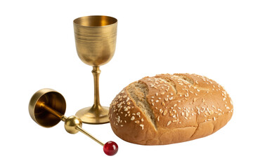 A golden chalice, a sesame-seeded challah bread, and a decorative Torah pointer, symbolizing Jewish traditions and religious ceremonies like Shabbat. background removed