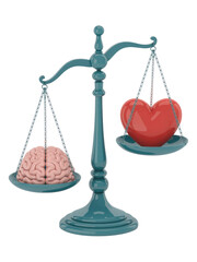 Visualizing the balance between mind and emotion, a scale shows a brain outweighing a heart, suggesting logic's dominance. background removed