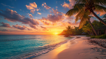 A tropical resort by the beach, highlighted by the sunset