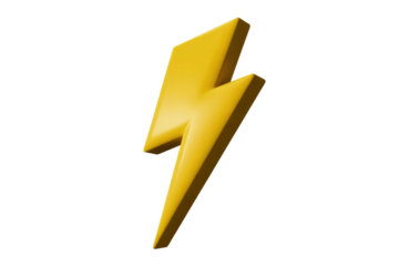 A vibrant 3D rendered yellow lightning bolt symbol, embodying power, speed, or energy, set against a solid dark transparent background. background removed