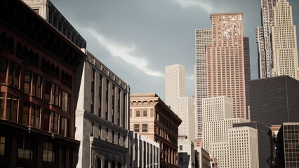 Tall skyscrapers and historic buildings create a stunning city skyline. The light of dusk paints the sky with soft colors while the structures showcase various designs and styles.