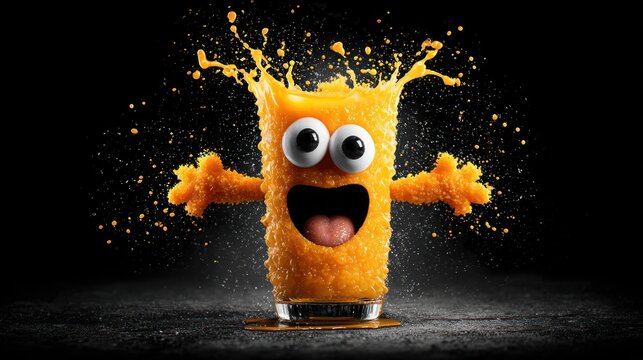 Fun orange juice glass character splashing with joyful expression