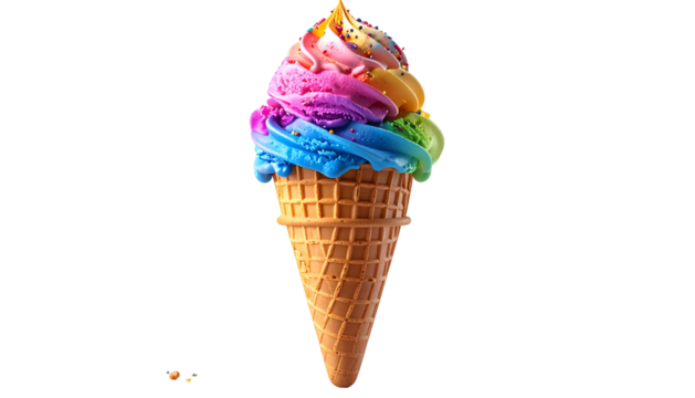A vibrant, rainbow-colored ice cream cone, topped with sprinkles, against a black background