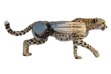 A biomechanical cheetah featuring a visible internal engine-like system with glowing energy lines, merging natural speed with advanced technology. background removed