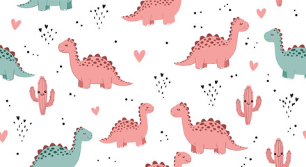 Cute dinosaur pattern with hearts and cactus on white background.