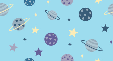 Planets and stars on a blue background, space theme.