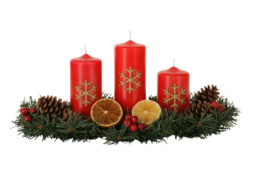 Festive Christmas centerpiece: three red candles with golden snowflakes, pine needles, pinecones, dried citrus, and red berries. background removed