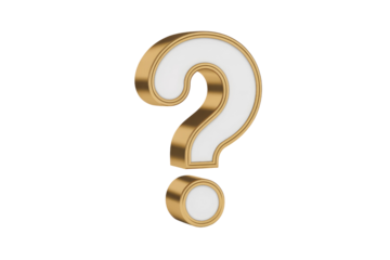 A shimmering 3D question mark, exquisitely rendered in white with a luxurious golden outline, posed against a solid transparent background. background removed