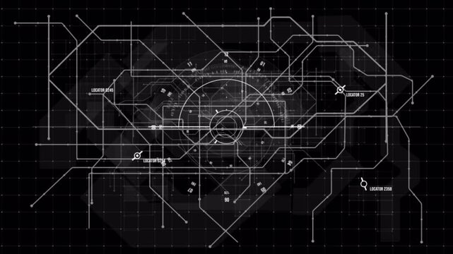 Dynamic Futuristic HUD Interface Tracking Locators on a Digital Network Map