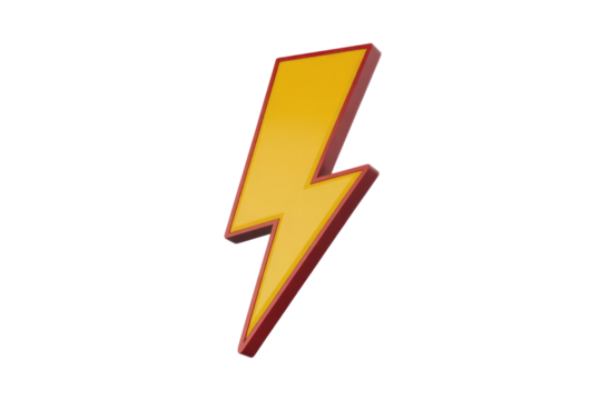 A vibrant 3D yellow lightning bolt symbol with a prominent red outline, representing energy, power, or alert, on a plain background. background removed