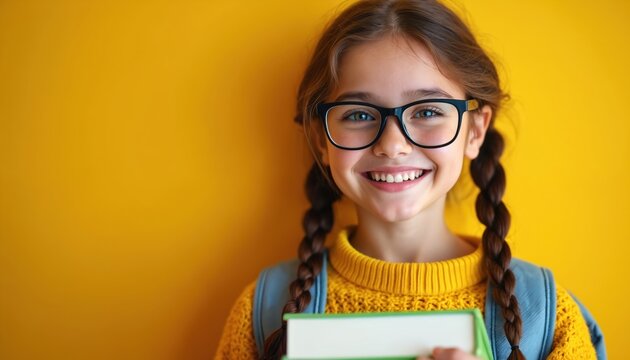 Happy schoolgirl smiles with books on yellow backdrop. Cheerful student with glasses holds textbook. Young girl studies, learns, gains wisdom. Education concept. Child smiles brightly at school with