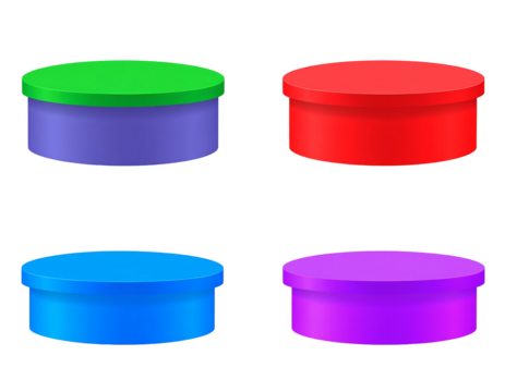 Four circular platforms green/purple, red, blue, purple, against a black background. Isolated and vibrant colors