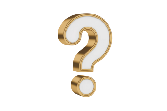 A shimmering 3D question mark, exquisitely rendered in white with a luxurious golden outline, posed against a solid transparent background. background removed