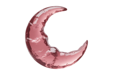 A shimmering rose-pink liquid forms a crescent moon shape, exhibiting a fluid, reflective texture. Ideal for abstract, dreamlike, or mystical themes. background removed