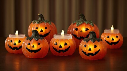 Halloween pumpkin decorations illuminated with candle light effect