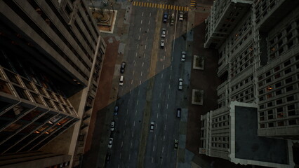 High above a bustling city street, vehicles move along the asphalt while shadows stretch across the pavement at dusk. The tall buildings rise impressively, framing the scene below.