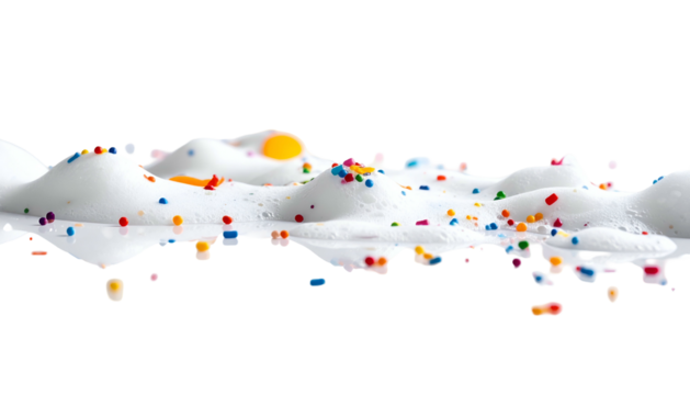 White, foamy substance with colorful sprinkles against a stark black backdrop