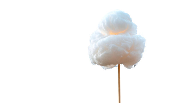 Close-up of cotton candy on a wooden stick against a stark black background