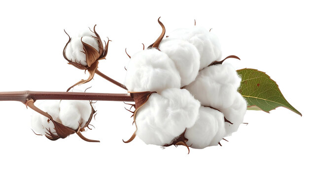 Close-up of fluffy white cotton bolls on a branch with green leaves - Powered by Adobe