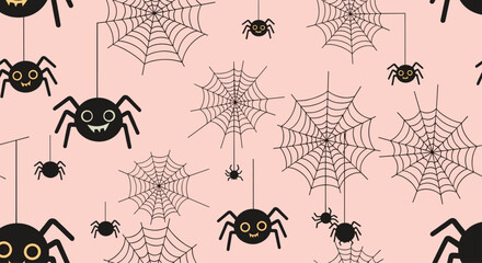 Halloween themed spider and web pattern on a pink background.