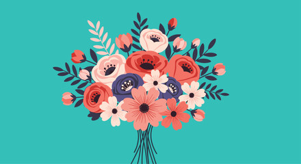 Beautiful bouquet of colorful flowers on a turquoise background.