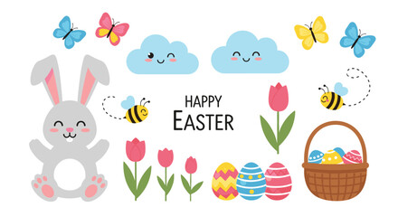 Easter Bunny and Eggs Basket with Springtime Decorations.