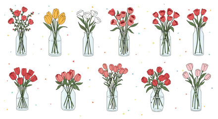 Vases of colorful flowers in a row, beautiful floral arrangements.