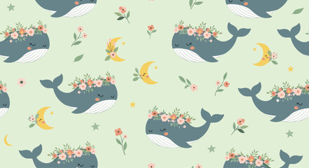 Whimsical whale pattern with floral crown and moon elements.