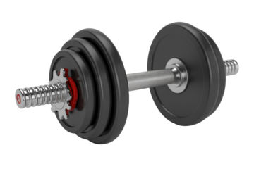 An adjustable dumbbell with black weight plates, a silver bar, and a red star-lock collar, rendered on a transparent transparent background. background removed