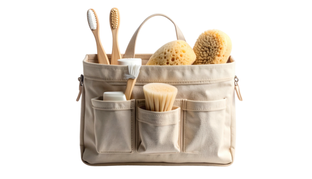 Beige toiletry organizer filled with natural bath products against a black background
