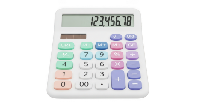 Modern white digital calculator with colorful buttons displaying numbers and math functions