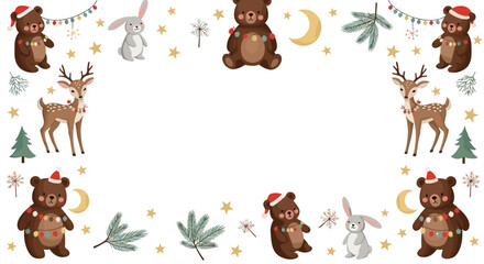 Christmas themed border with cute animals and festive decorations.