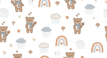 Cute Bear Pattern with Rainbows and Clouds for Childrens Design.